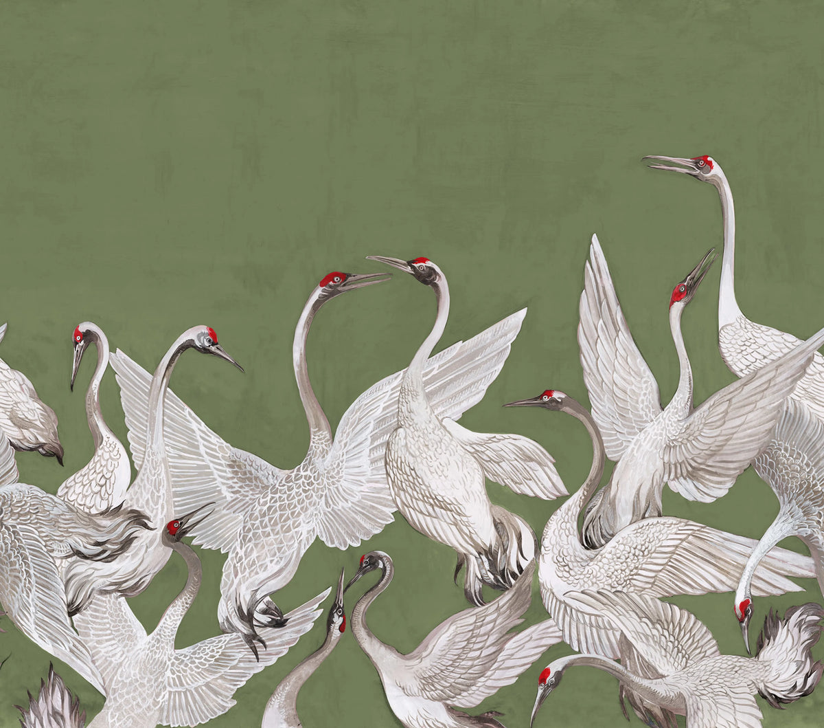 Soaring Cranes, Green Mural Wallpaper - pure wallpaper artwork