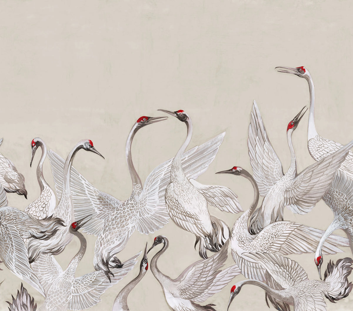 Soaring Cranes, Beige Mural Wallpaper - pure wallpaper artwork