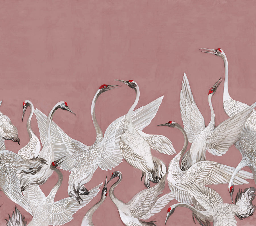 Soaring Cranes, Pink Mural Wallpaper