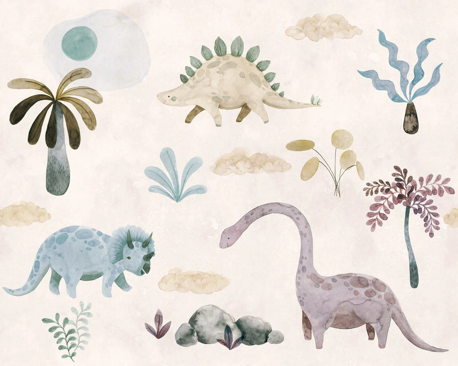 Dinosaur Oasis, Pastel Mural Wallpaper