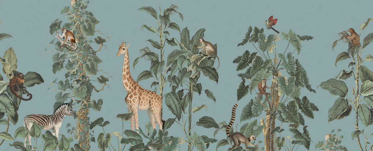 Wildlife Stroll, Blue Mural Wallpaper - pure wallpaper artwork