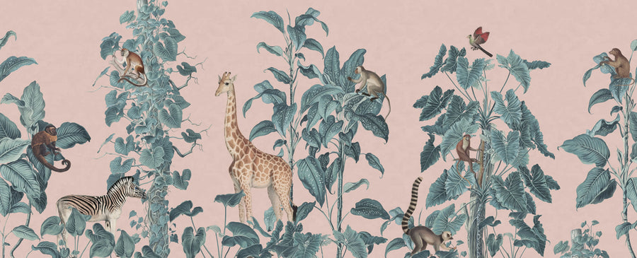 Wildlife Stroll, Pink Mural Wallpaper