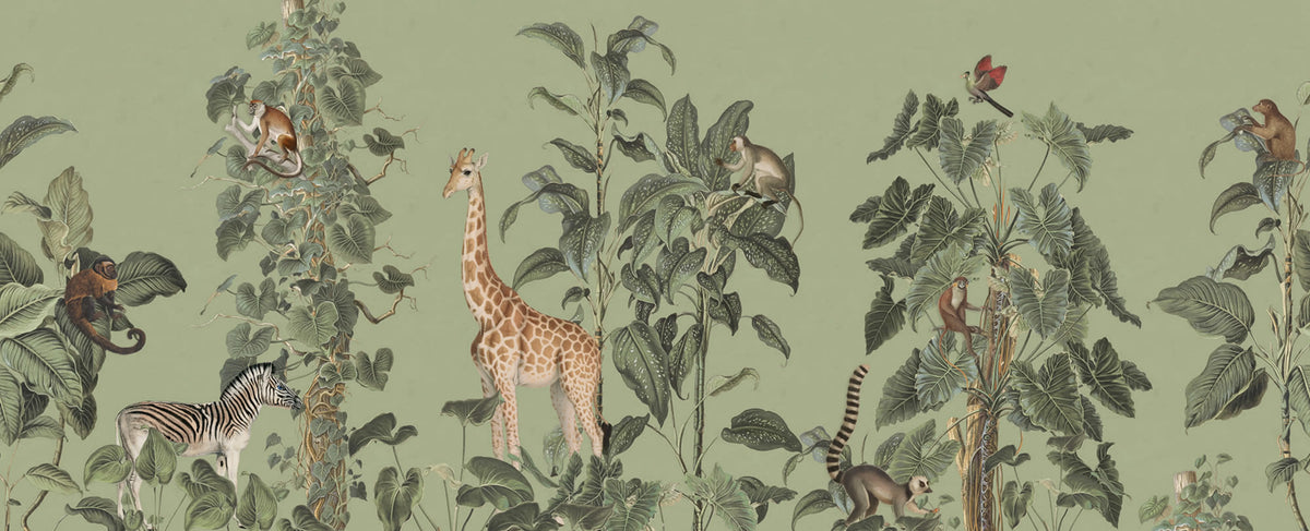 Wildlife Stroll, Green Mural Wallpaper - pure wallpaper artwork