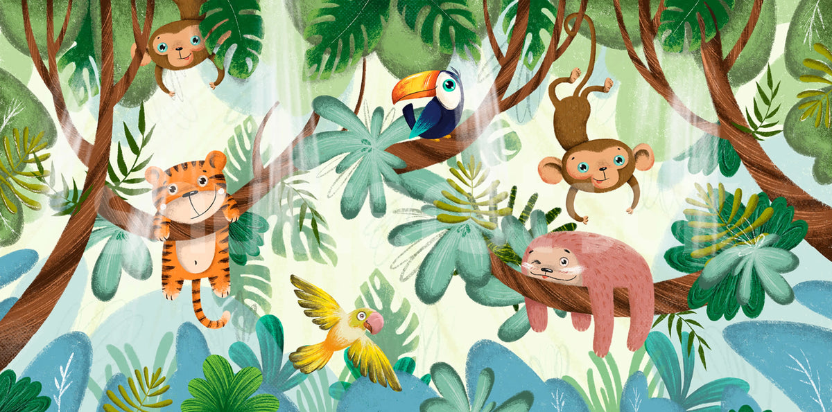 Jungle Buddies, Green Mural Wallpaper - pure wallpaper artwork