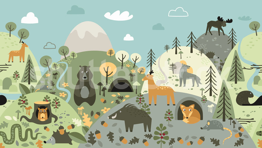 Forest Wildlife, Colorful Mural Wallpaper