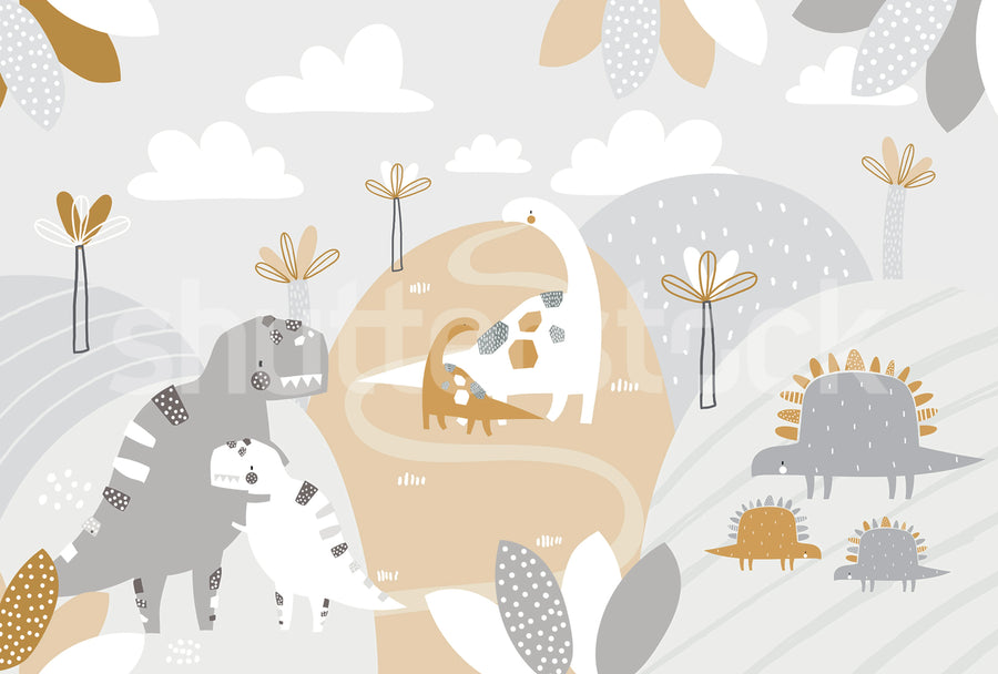 Dinosaur Land, Beige Mural Wallpaper