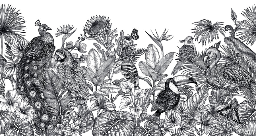 Birds Garden, Black & White Mural Wallpaper