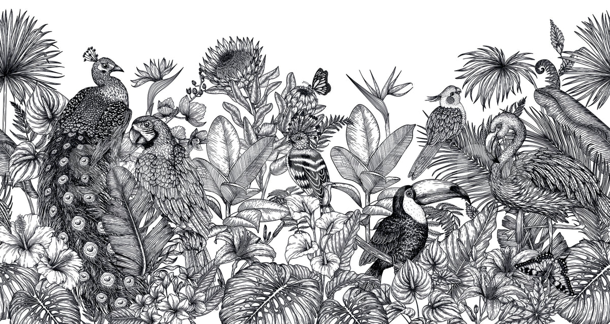 Birds Garden, Black & White Mural Wallpaper - pure wallpaper artwork