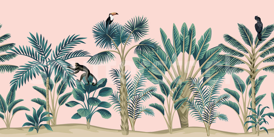 Tropical Birds, Pink Mural Wallpaper