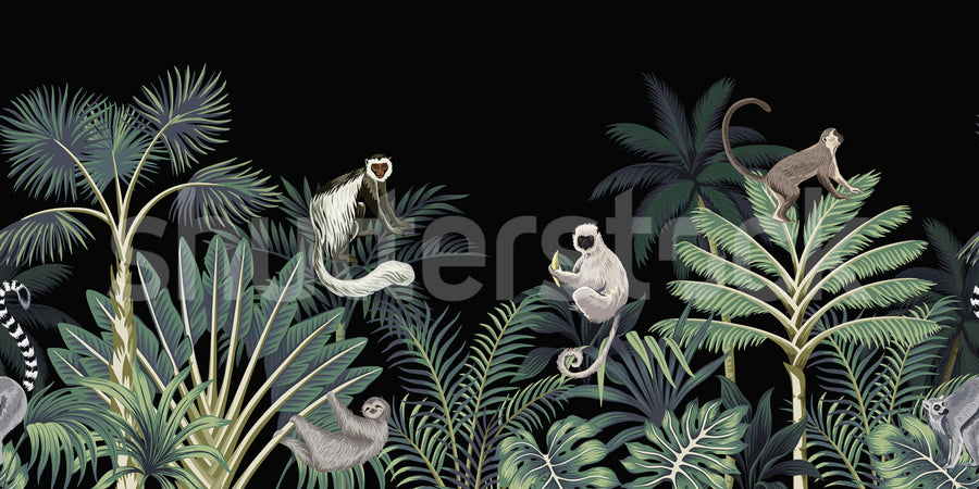Jungle Monkeys, Black Mural Wallpaper