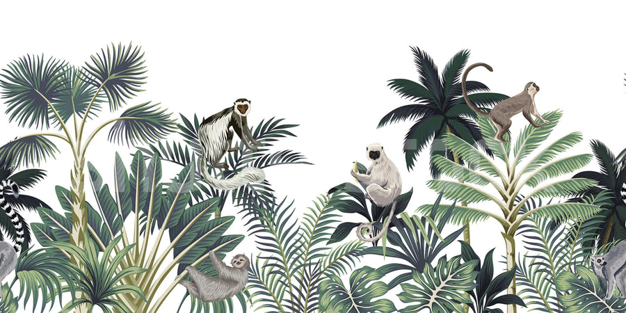 Jungle Monkeys, White Mural Wallpaper