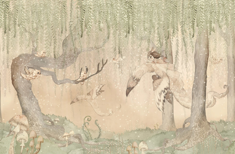 Dream Forest Girl, Green Rose Mural Wallpaper
