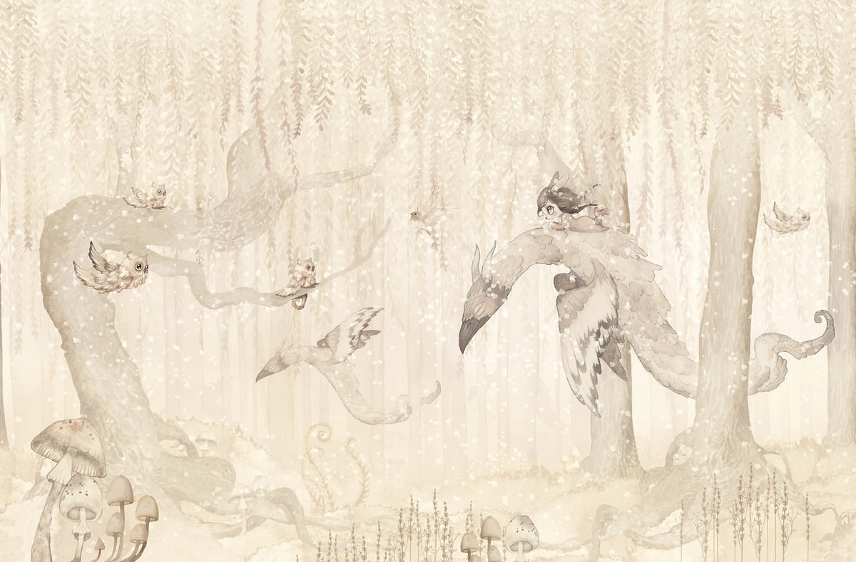 Dream Forest Girl, Off White Mural Wallpaper - pure wallpaper artwork