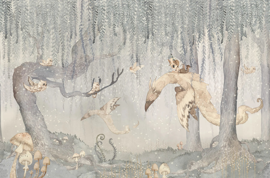 Dream Forest Boy, Blue Gray Mural Wallpaper