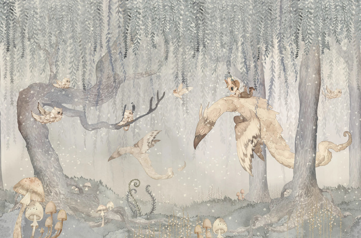 Dream Forest Boy, Blue Gray Mural Wallpaper - pure wallpaper artwork