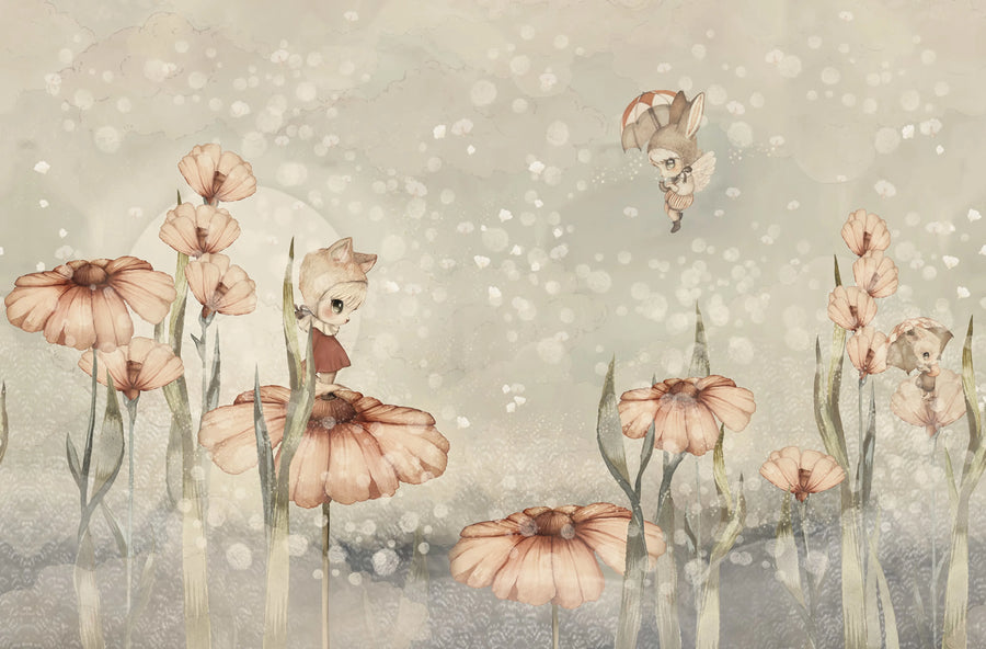 Bloomy Fields of Marion, Gray Green Mural Wallpaper