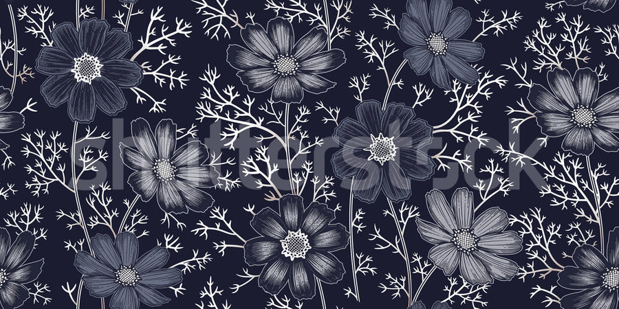 Grand Flowers, Blue Mural Wallpaper