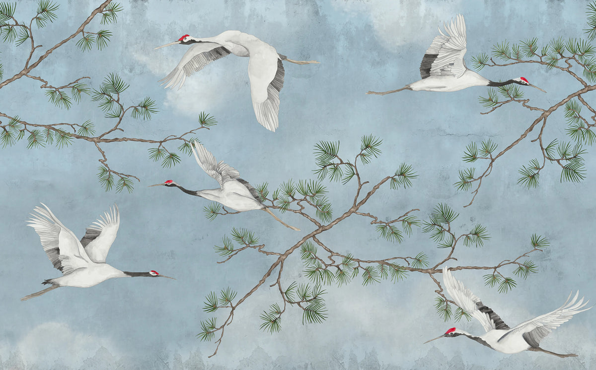 Majestic Cranes, Blue Mural Wallpaper - pure wallpaper artwork