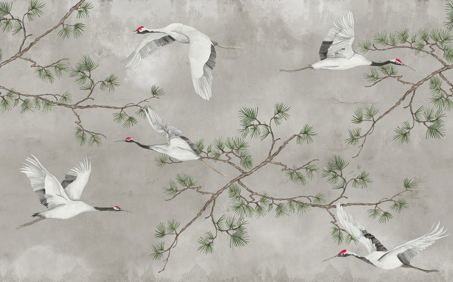 Majestic Cranes, Beige Mural Wallpaper