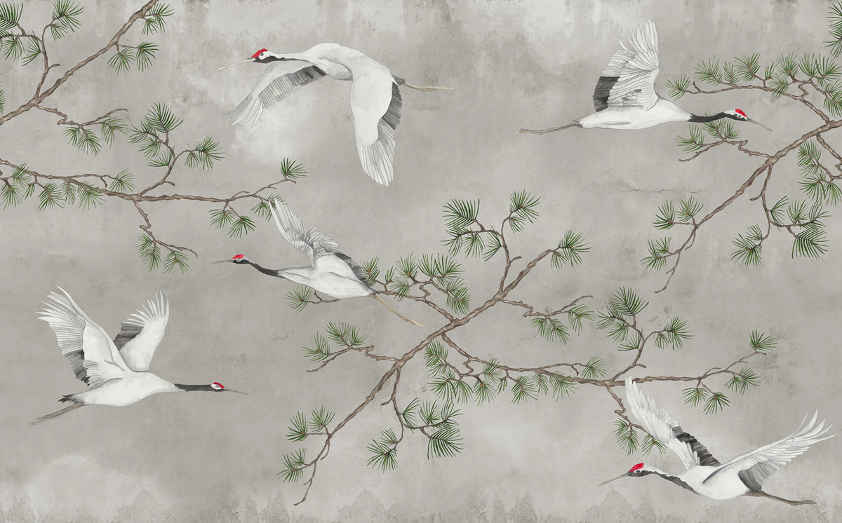 Majestic Cranes, Beige Mural Wallpaper - pure wallpaper artwork