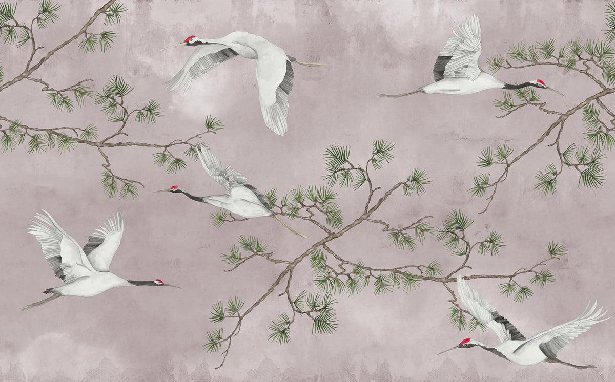 Majestic Cranes, Pink Mural Wallpaper - pure wallpaper artwork