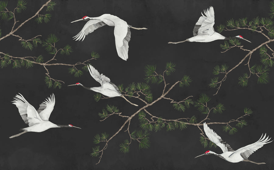 Majestic Cranes, Black Mural Wallpaper