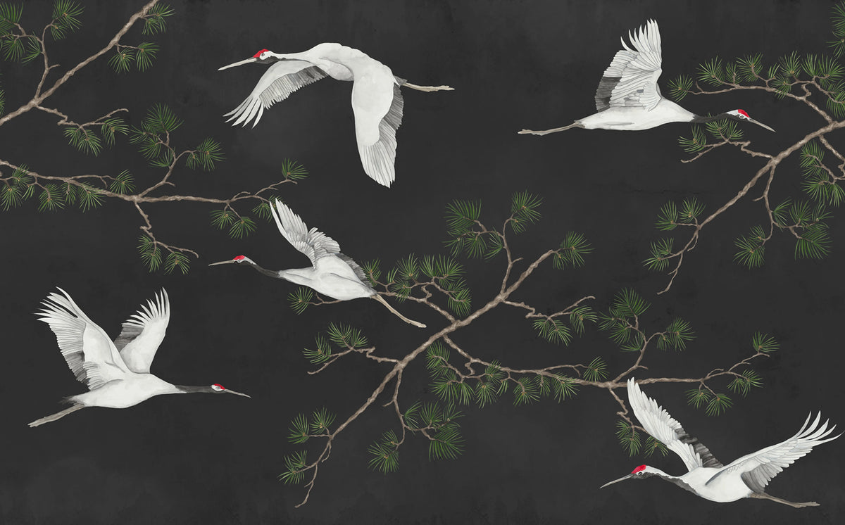 Majestic Cranes, Black Mural Wallpaper - pure wallpaper artwork