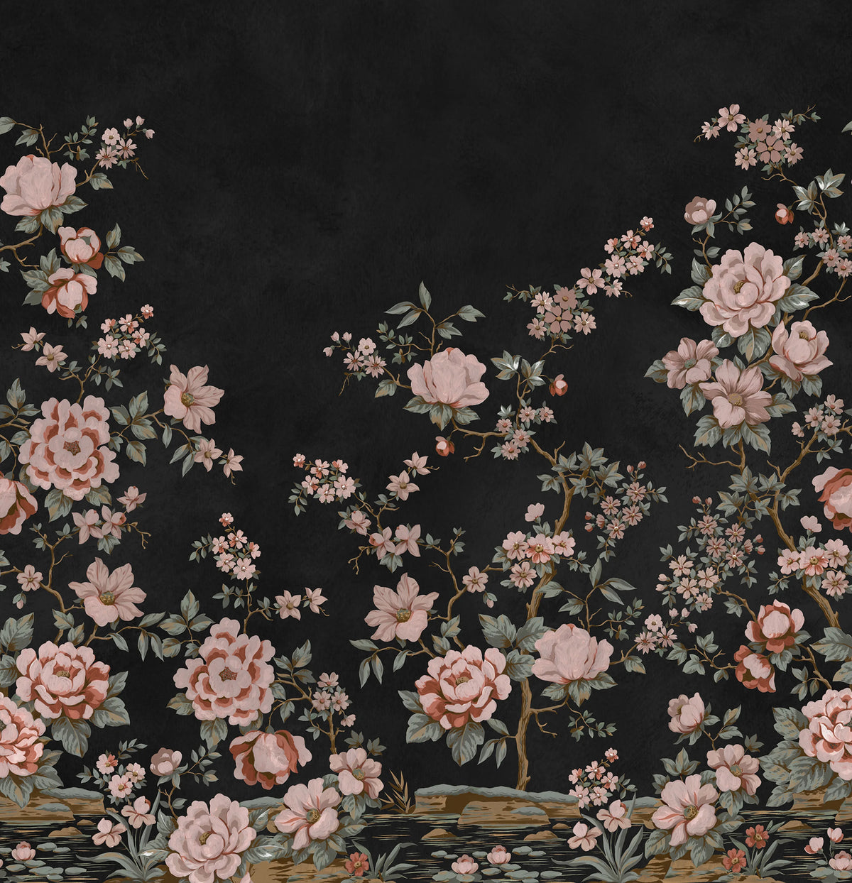 Floral Chinoiserie, Black Mural Wallpaper - pure wallpaper artwork