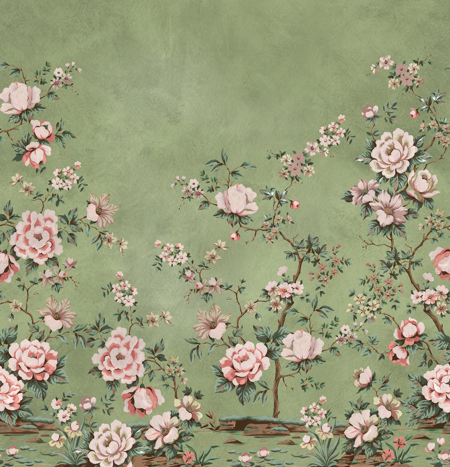Floral Chinoiserie, Green Mural Wallpaper