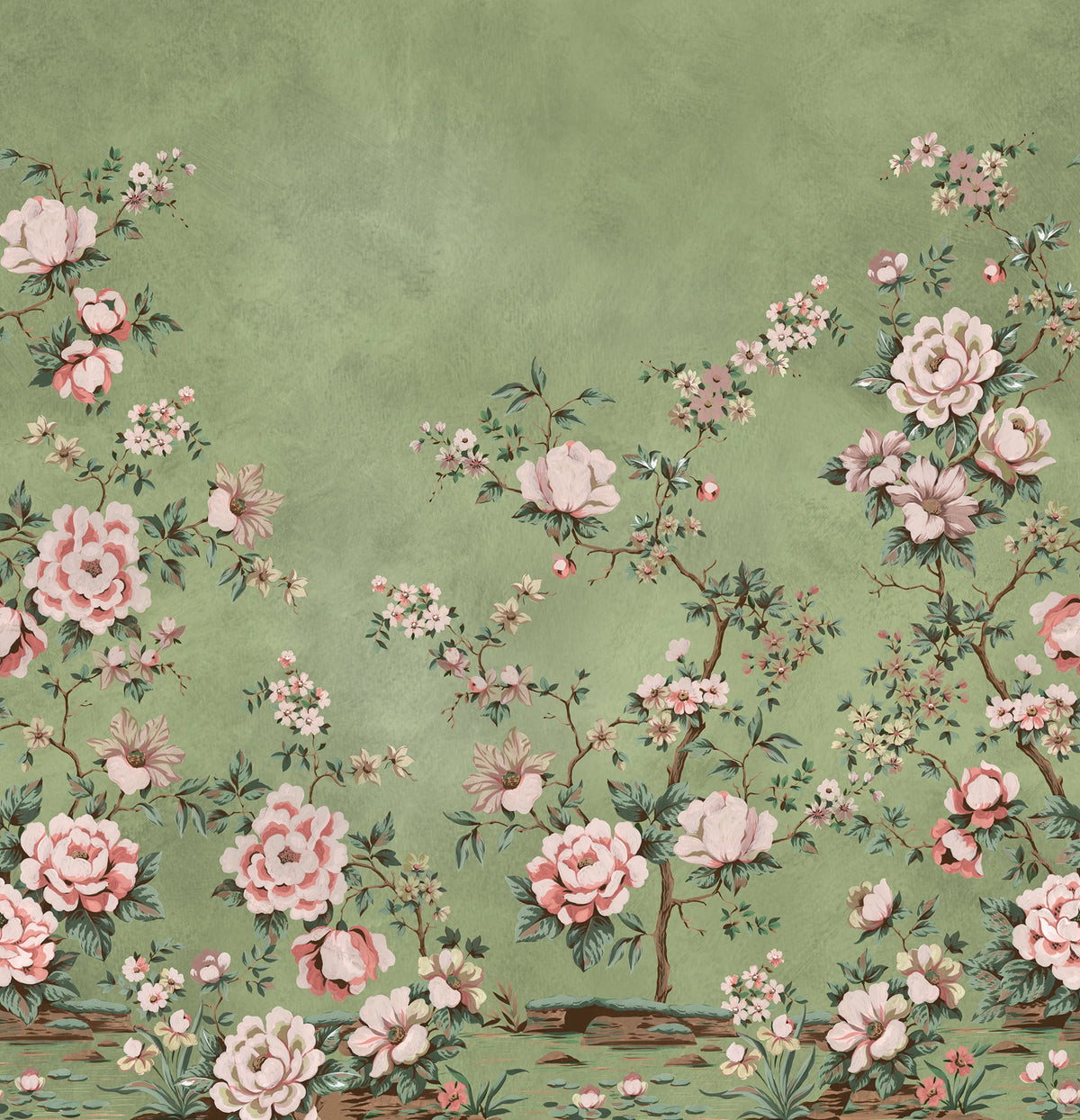 Floral Chinoiserie, Green Mural Wallpaper - pure wallpaper artwork