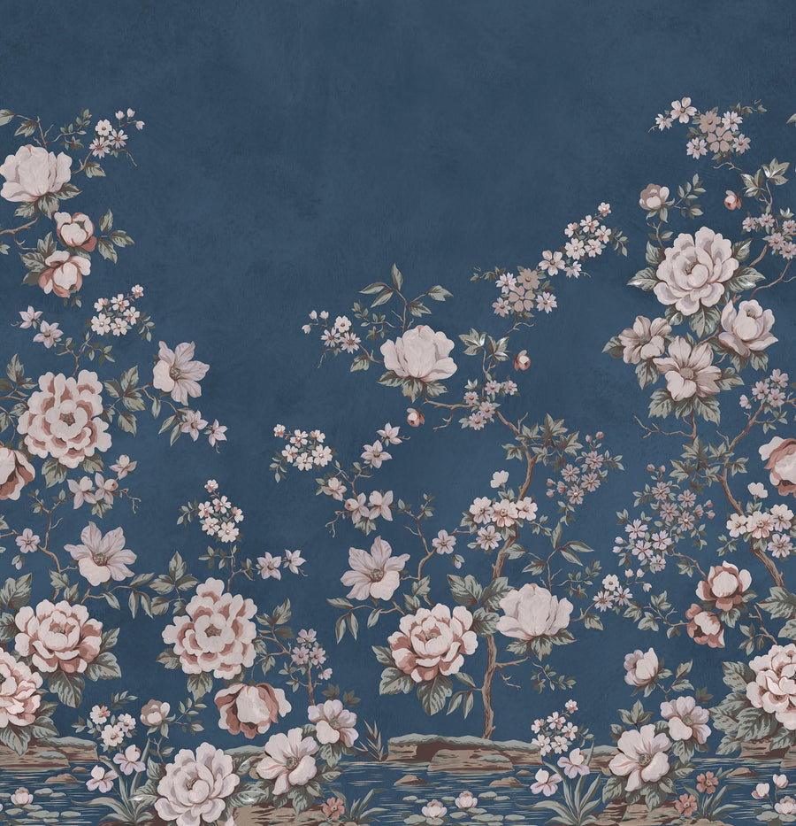 Floral Chinoiserie, Dark Blue Mural Wallpaper