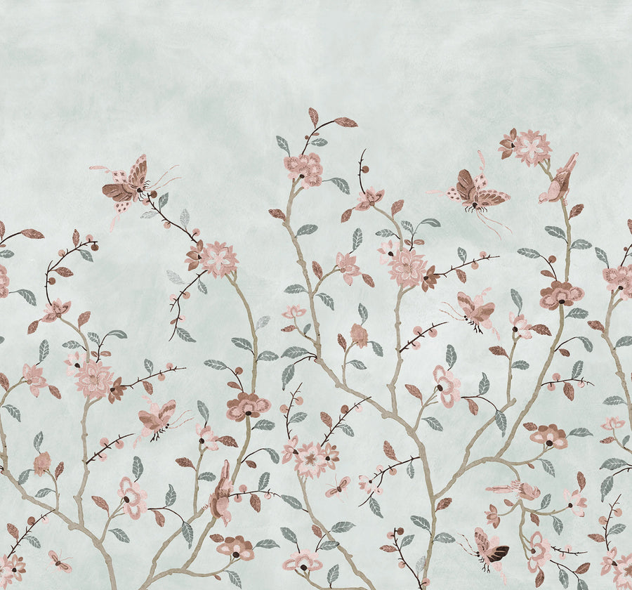 Whispering Petals, Light Blue Mural Wallpaper