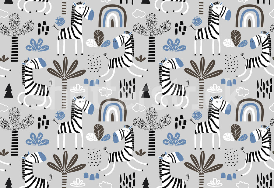 Happy Zebra, Blue Mural Wallpaper