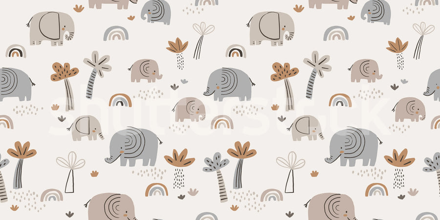 Elephant Savanna, Beige Mural Wallpaper