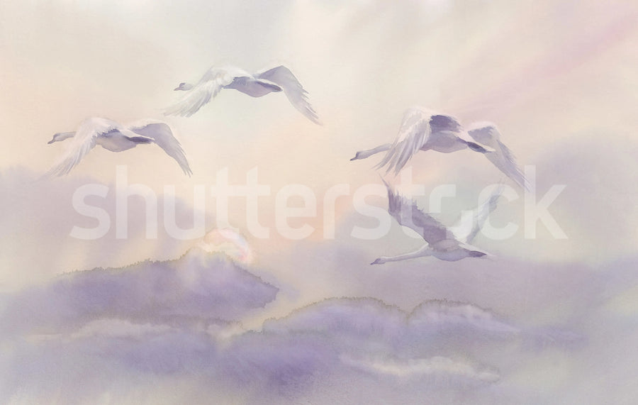 Flying Swans, Pastel Mural Wallpaper