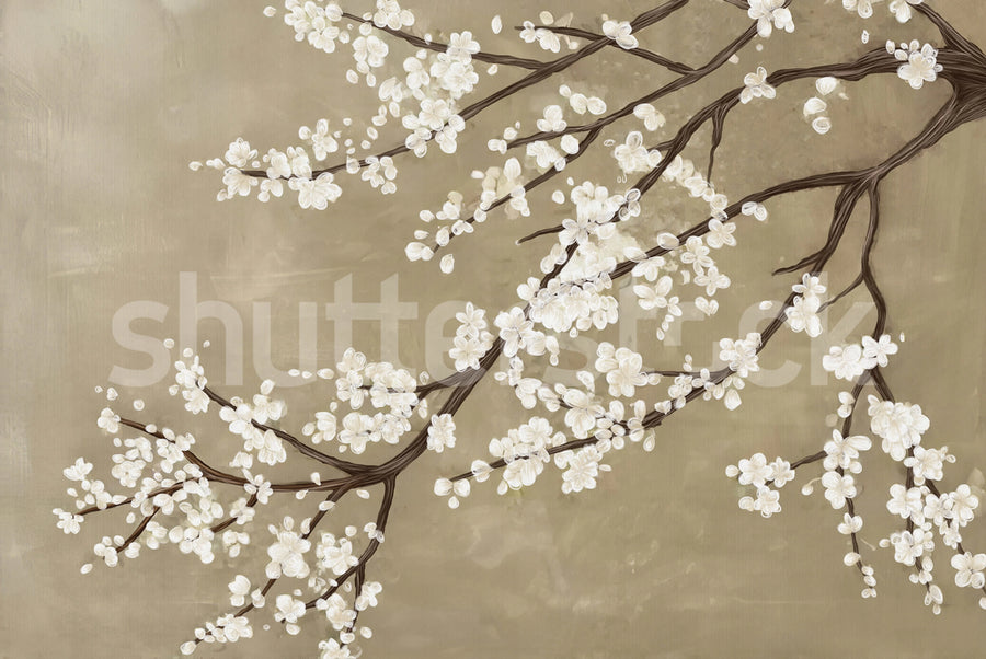 Sakura Branch, Beige Mural Wallpaper