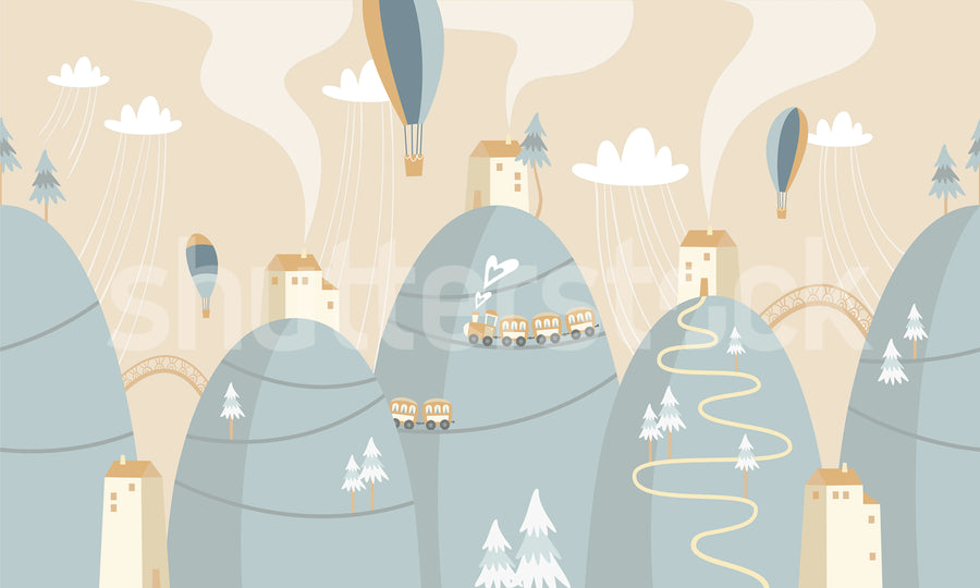 Mountain Village, Pastel Mural Wallpaper