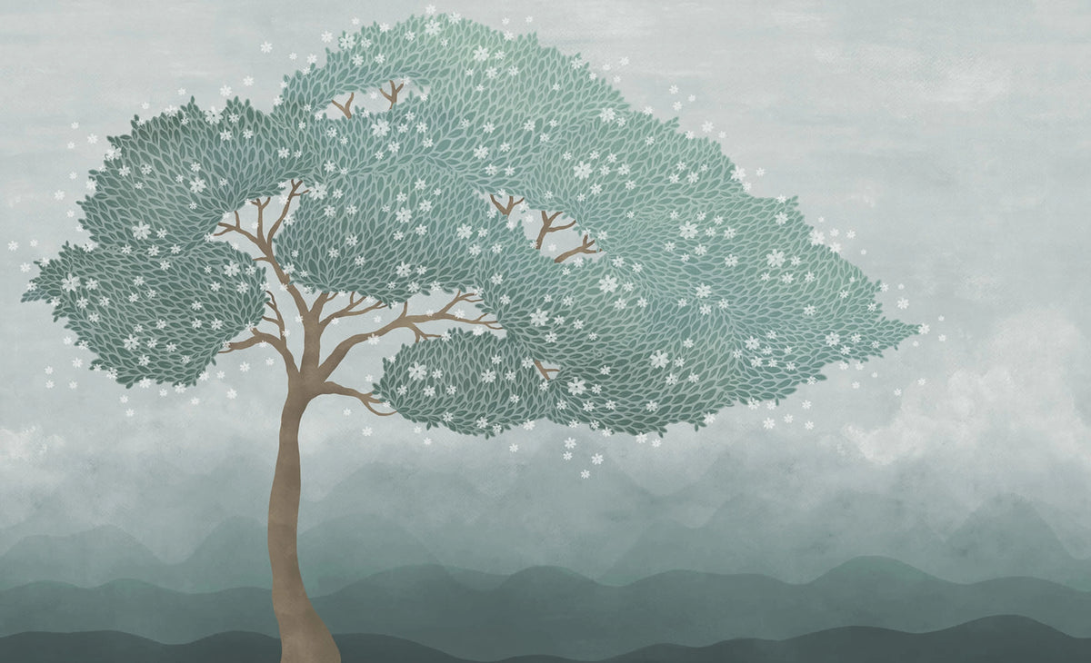 Windy Tree, Blue Mural Wallpaper - pure wallpaper artwork