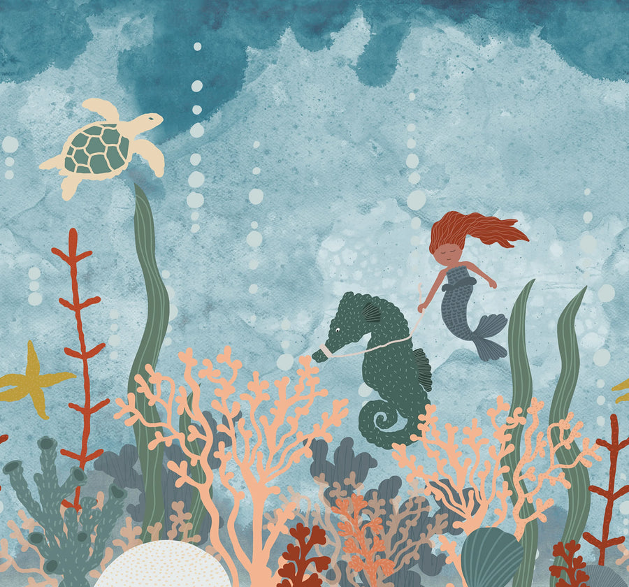 Mermaid World, Blue Mural Wallpaper