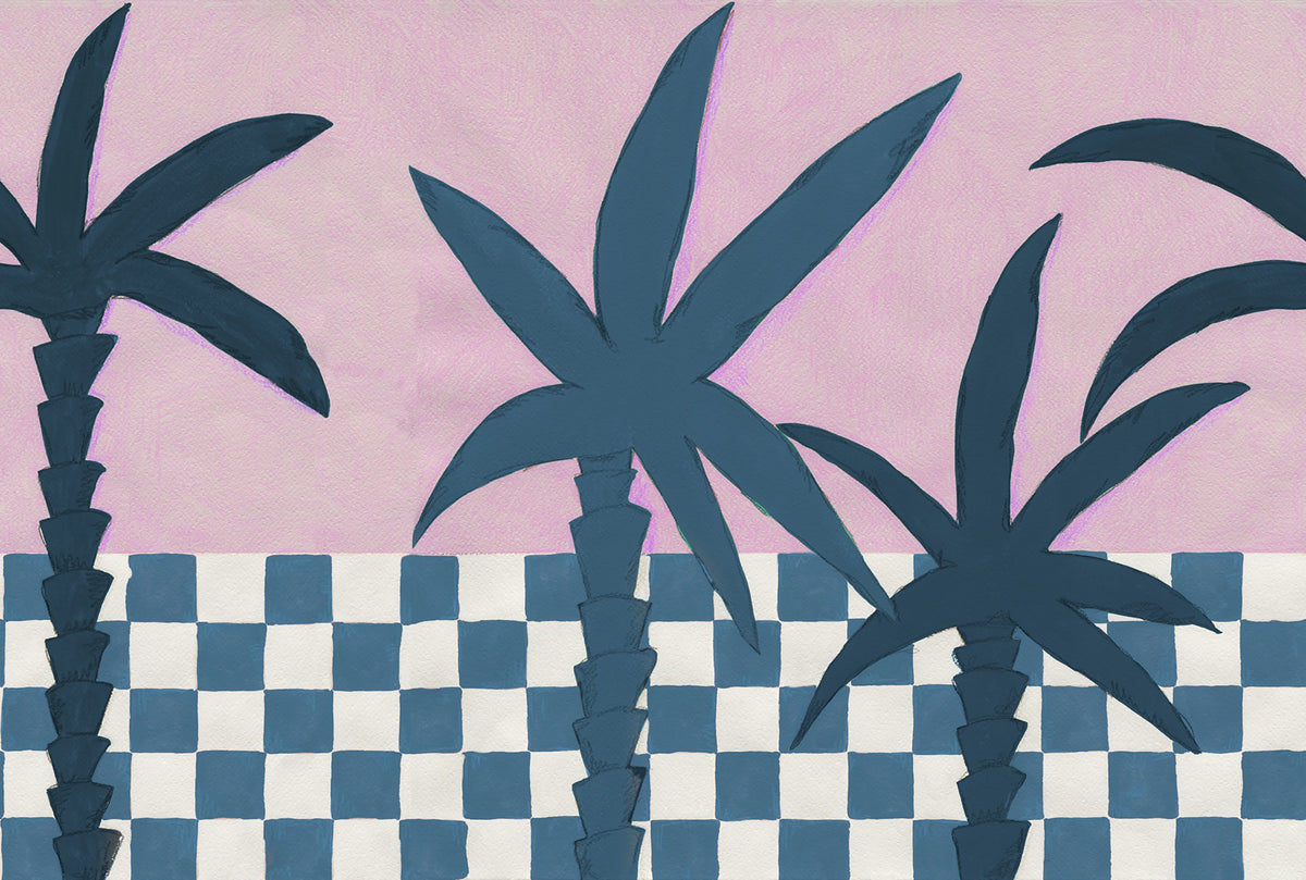 Palm Horizon, Blue & Pink Mural Wallpaper - pure wallpaper artwork
