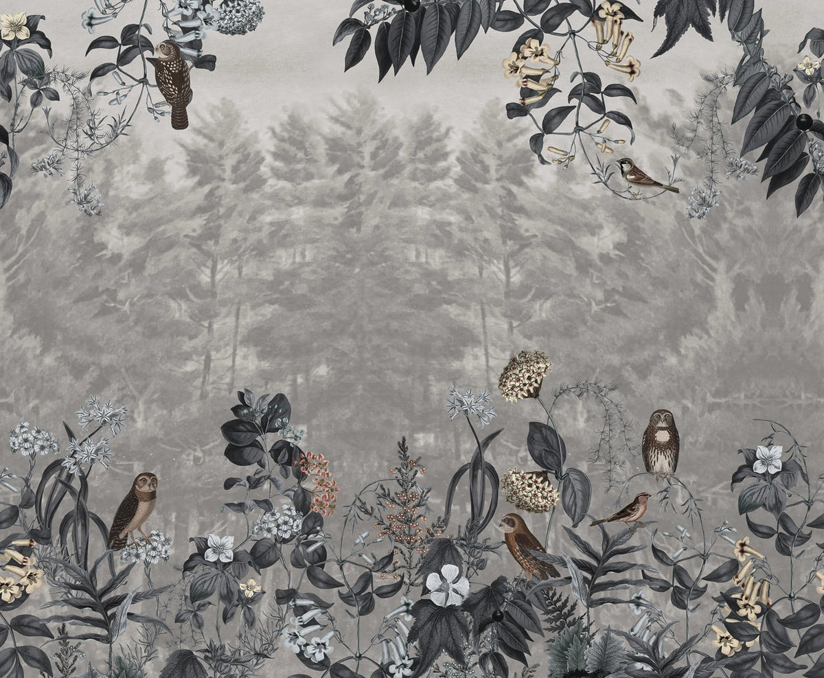 Owl Forest, Gray Mural Wallpaper - pure wallpaper artwork