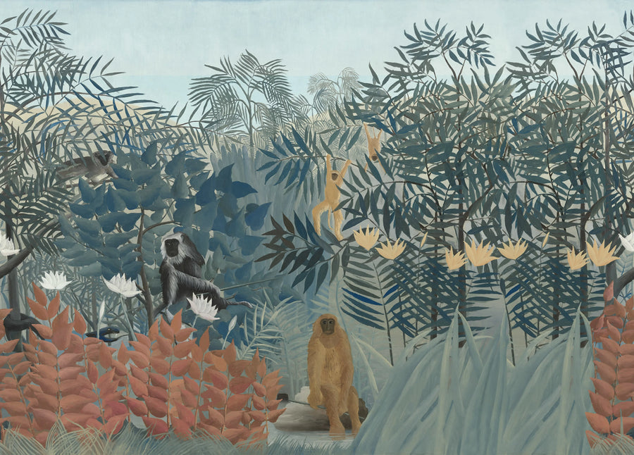 Tropical Forest With Monkeys, Blue Mural Wallpaper