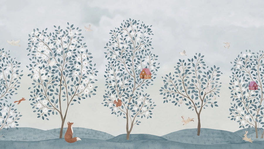 Happy Haven, Light Blue Mural Wallpaper