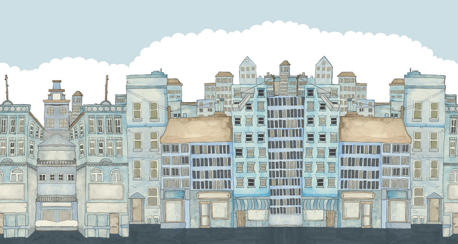 Funny Houses, Light Blue Mural Wallpaper
