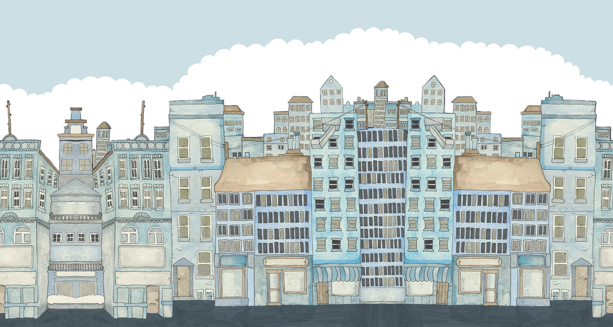 Funny Houses, Light Blue Mural Wallpaper - pure wallpaper artwork