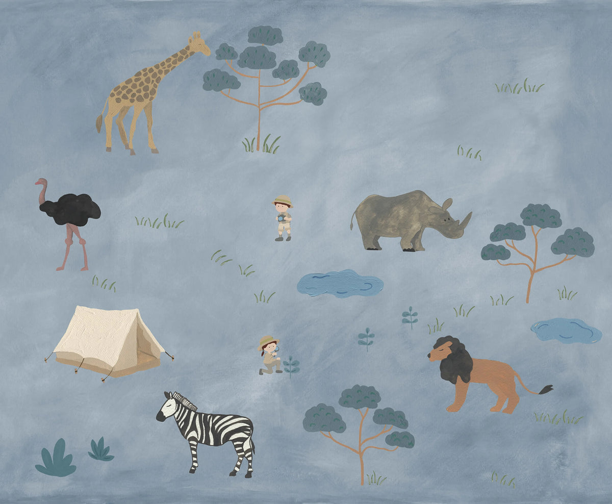 Animal Safari, Blue Mural Wallpaper - pure wallpaper artwork