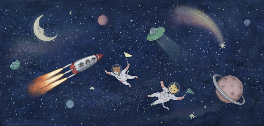 Space Cats, Dark Blue Mural Wallpaper