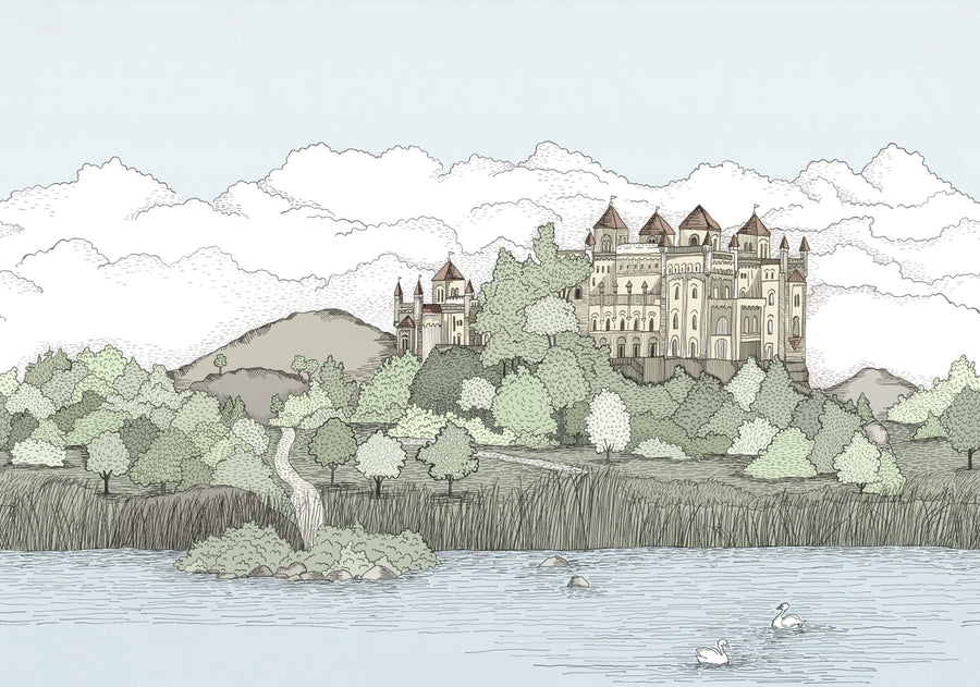 Castle By The Lake, Soft Green Mural Wallpaper