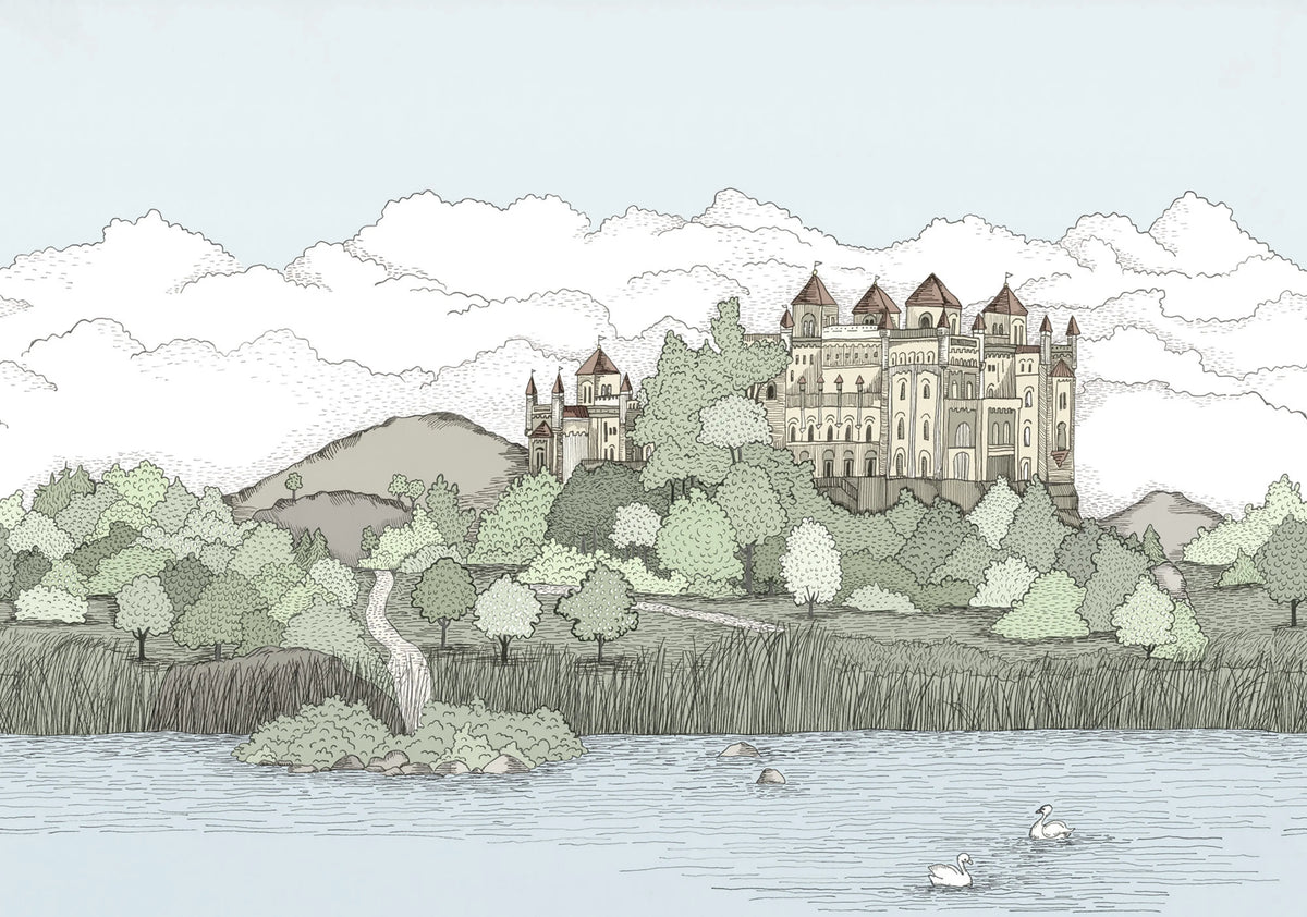 Castle By The Lake, Soft Green Mural Wallpaper - pure wallpaper artwork