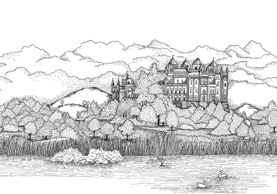 Castle By The Lake, Black & White Mural Wallpaper